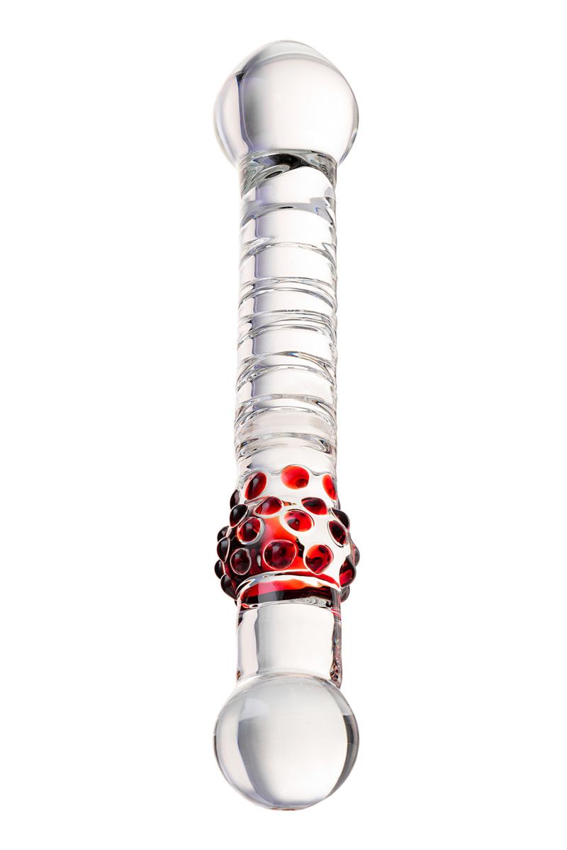 Стеклянный  стимулятор с ручкой-шаром и цветными пупырышками - 21 см.
