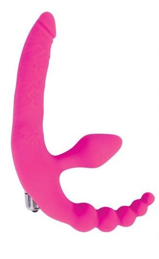 Розовый безремневой страпон с анальным отростком и вибрацией - 15 см. (розовый)