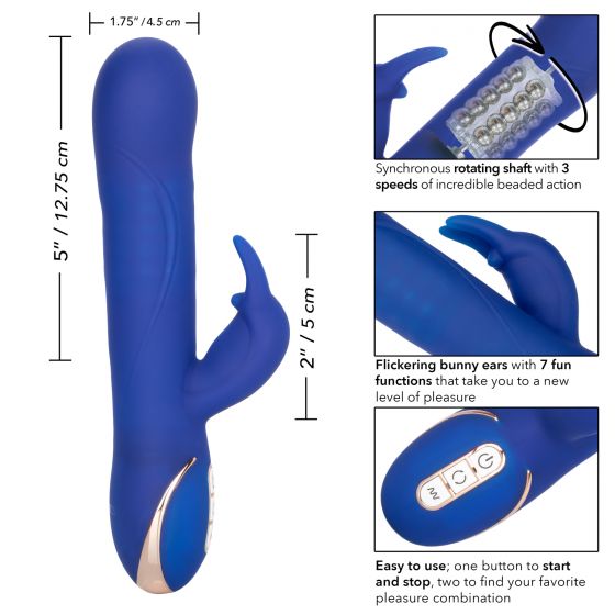 Синий вибратор Signature Silicone Rotating Beaded Rabbit с клиторальным отростком - 22,75 см.