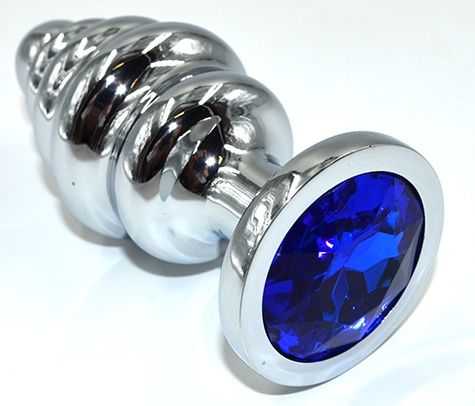 Серебристая анальная пробка из нержавеющей стали с синим кристаллом - 8,8 см.  (синий)
