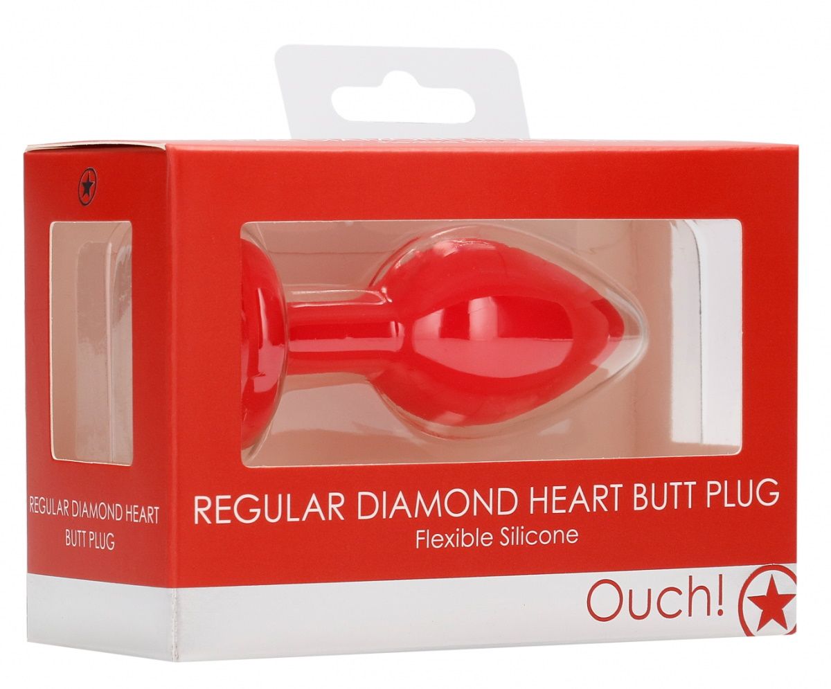 Красная анальная пробка с прозрачным стразом Diamond Heart Butt Plug - 7,3 см.