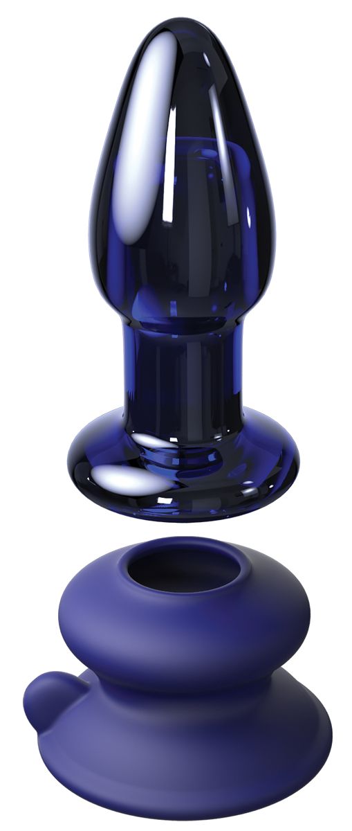 Синий конический стеклянный вибростимулятор с пультом ДУ и присоской - 10,2 см.