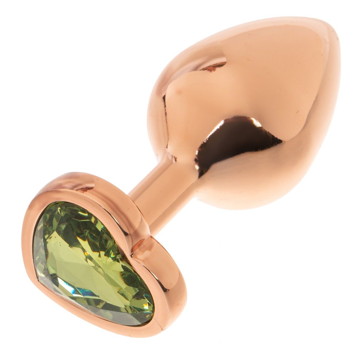 Золотистая анальная пробка OYO с зеленым кристаллом-сердцем - 7,3 см.