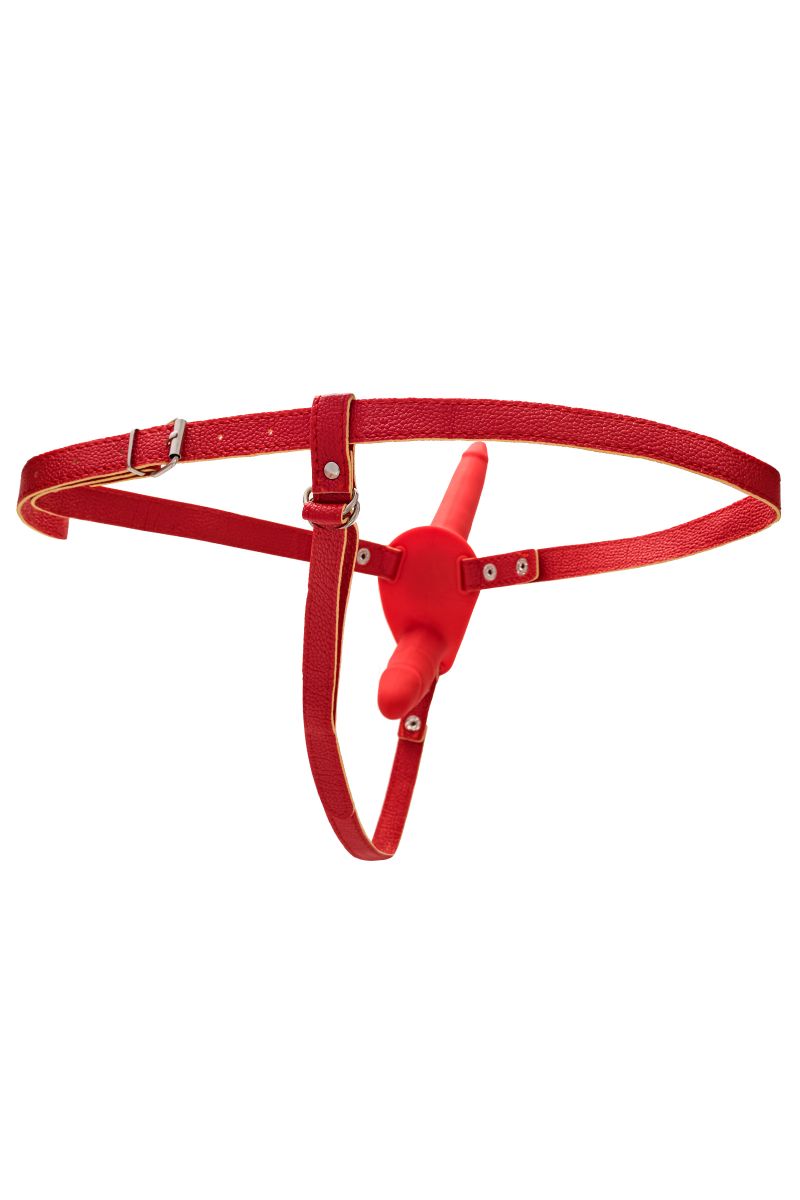 Красный страпон на ремнях с вагинальной пробкой - 15 см.