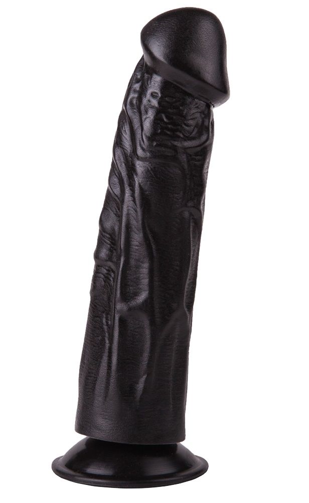 Упругий чёрный фаллоимитатор на подошве-присоске - 18,8 см.
