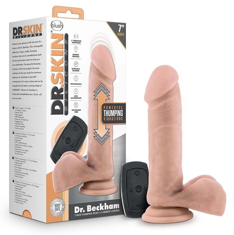 Телесный вибратор-реалистик Dr. Beckham 7.5 Inch Thumping Dildo with Remote Control - 19 см.