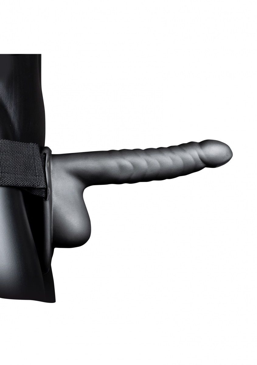 Серый страпон-фаллопротез с ребрами и мошонкой - 21,9 см.