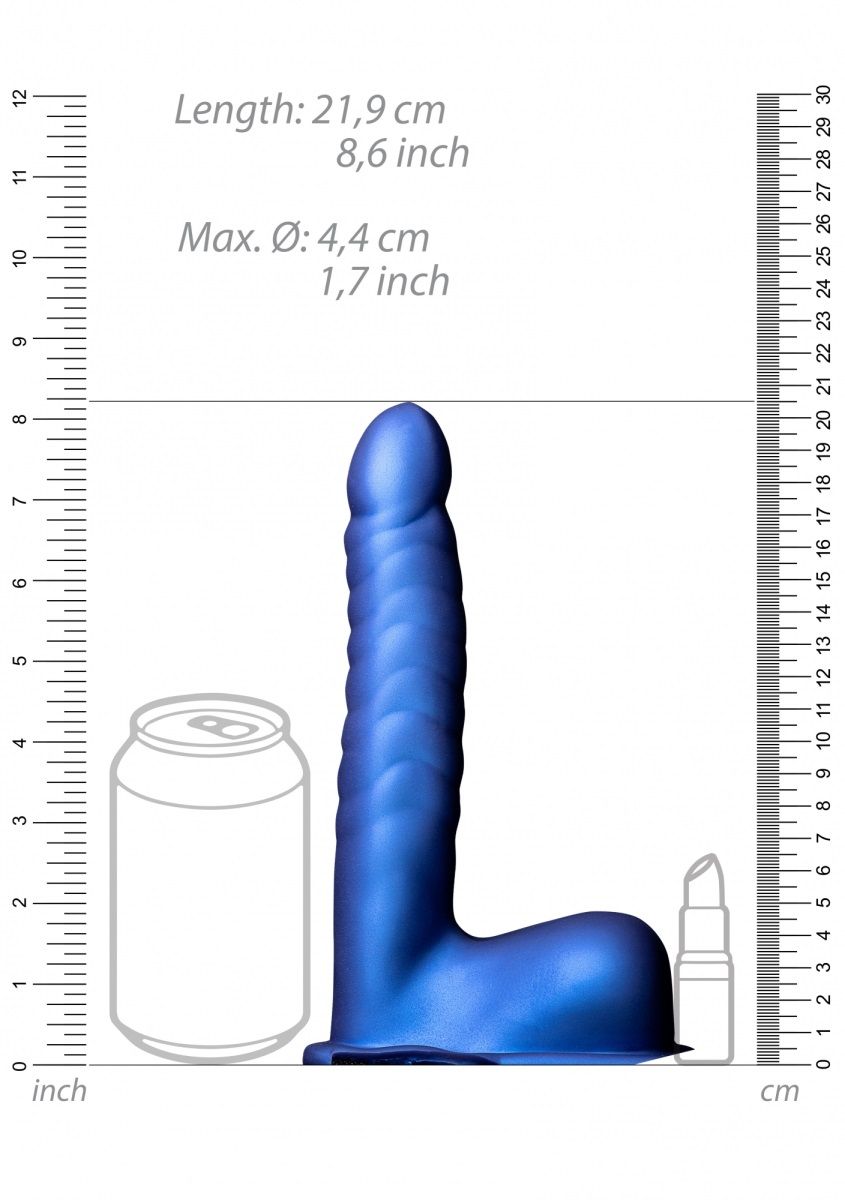 Синий страпон-фаллопротез с ребрами и мошонкой - 21,9 см.