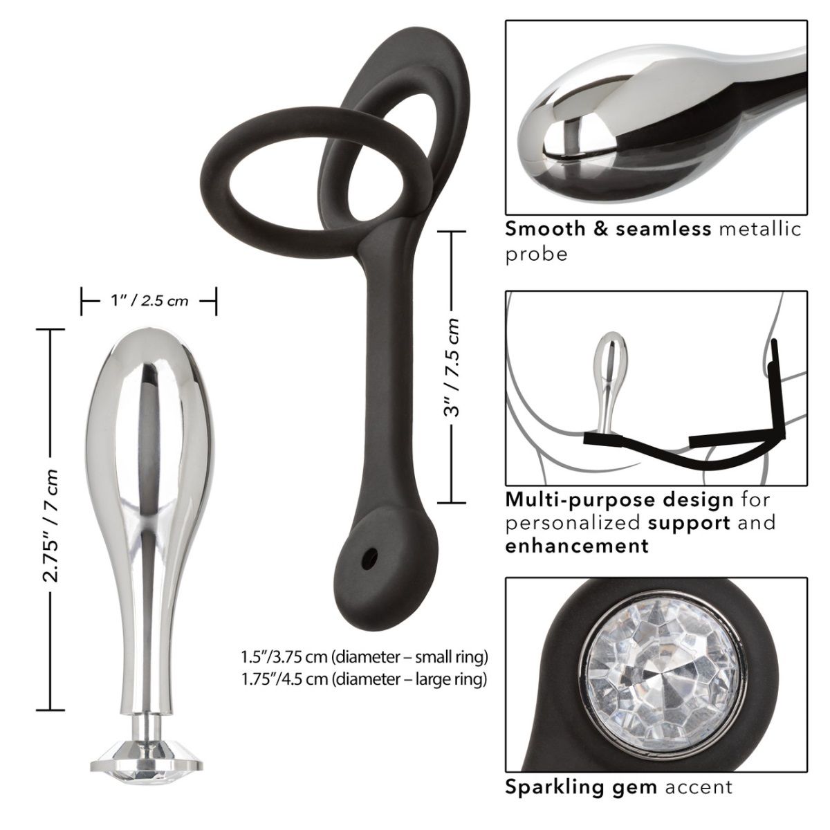 Серебристая анальная пробка Teardrop Plug с силиконовыми кольцами для пениса и мошонки