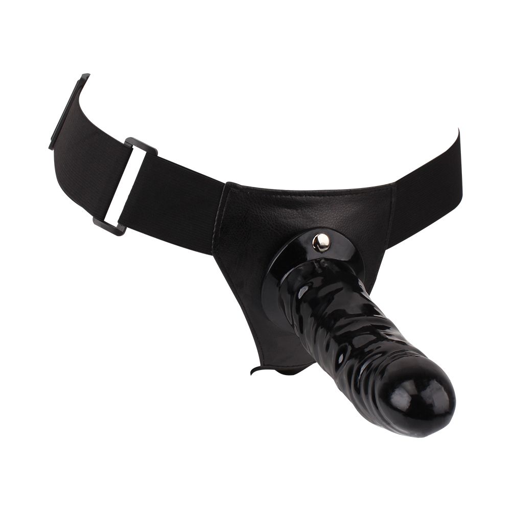 Полый черный страпон на эластичных ремешках - 19 см. (черный)