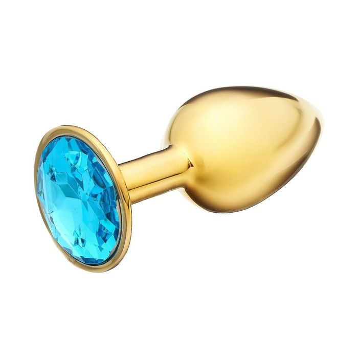 Золотистая анальная пробка с голубым кристаллом - 7 см.