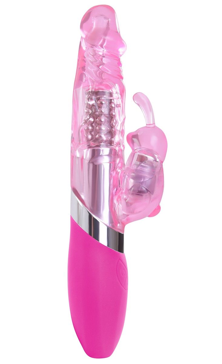 Розовый вибратор с вращением бусин и клиторальным зайчиком Power Play O-Bunny - 21,5 см.