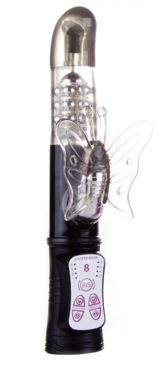 Чёрный перезаряжаемый вибратор Rechargeable Butterfly с клиторальной бабочкой - 22,8 см.