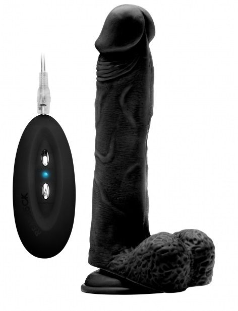 Чёрный вибратор-реалистик Vibrating Realistic Cock 9  With Scrotum - 23,5 см.