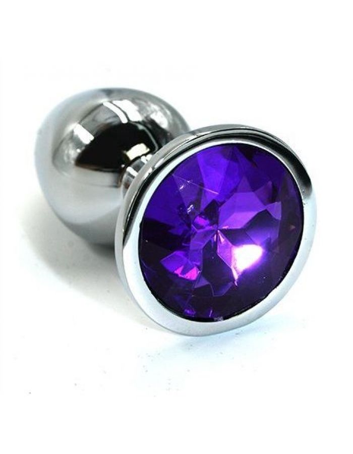 Серебристая алюминиевая анальная пробка с темно-фиолетовым кристаллом - 6 см. (фиолетовый)
