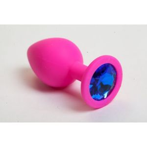 Розовая силиконовая анальная пробка с синим стразом - 8,2 см.