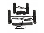 Пикантный черный текстильный набор БДСМ: наручники, оковы, ошейник с поводком, кляп, маска #108428