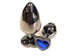 Черная металлическая анальная пробка с синим стразом-сердечком - 7,5 см. #134126