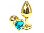 Золотистая анальная пробка с голубым кристаллом-сердцем - 6 см. #134478