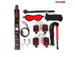 Стильный черно-красный набор БДСМ: маска, кляп, зажимы, плётка, ошейник, наручники, оковы, верёвка #149462