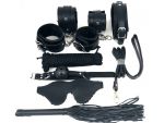 Набор БДСМ в черном цвете: наручники, поножи, кляп, ошейник с поводком, маска, веревка, плеть #152896