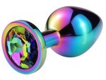 Разноцветная гладкая анальная пробка с радужным кристаллом - 8 см. #157700