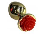 Золотистая анальная пробка с ограничителем в форме красной розы - 9 см. #337418