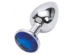 Серебряная металлическая анальная пробка с синим стразиком - 7,6 см. #51005