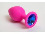 Розовая силиконовая анальная пробка с синим стразом - 8,2 см. #52288