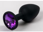 Черная силиконовая анальная пробка с фиолетовым стразом - 7,1 см. #52307