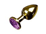 Маленькая золотистая анальная пробка с круглым кончиком и фиолетовым кристаллом - 7 см. #56270