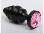 Чёрная ребристая анальная пробка с розовым кристаллом - 7,3 см. #61537