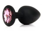 Чёрная силиконовая пробка с розовым кристаллом размера S - 6,8 см. #62933