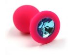 Розовая силиконовая анальная пробка с голубым кристаллом - 7 см. #67182