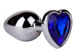 Серебристая анальная втулка с синим кристаллом-сердцем - 7 см. #79127