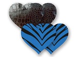 Комплект из 1 пары черных пэстис-сердечек под змеиную кожу и 1 пары синих пэстис-сердечек в полоску #8027