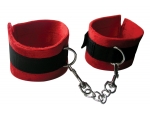 Красно-черные наручники из текстиля с цепочкой на карабине #108474