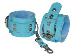 Голубые лаковые наручники с меховой отделкой #151236
