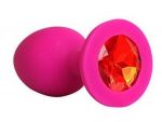 Ярко-розовая анальная пробка с красным кристаллом - 9,5 см. #152164