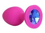 Ярко-розовая анальная пробка с синим кристаллом - 9,5 см. #152169