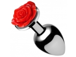 Серебристая анальная пробка с розой Red Rose Butt Plug - 8 см. #197750