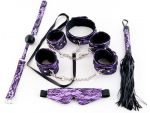 Большой кружевной набор пурпурного цвета: маска, наручники, оковы, ошейник, флоггер, кляп #27317