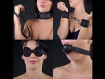 Чёрный комплект для БДСМ-игр: наручники, кляп-шарик, маска, ошейник #33877
