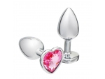 Серебристая анальная пробка с розовым кристаллом в форме сердца - 7 см. #357201