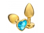 Золотистая анальная пробка с голубым кристаллом в форме сердца - 7 см. #357202