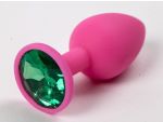 Розовая силиконовая пробка с зеленым кристаллом - 7,1 см. #49276