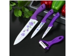 Набор кухонных принадлежностей Доляна, 4 предмета: 3 ножа с антиналипающим покрытием, лезвие 8,5 см, 12 см, 20 см, овощечистка, цвет фиолетовый #412827