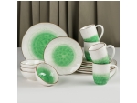 Набор фарфоровой посуды Доляна «Космос», 16 предметов: 4 тарелки d=21 см, 4 тарелки d=27,5 см, 4 миски d=13 см, 4 кружки 400 мл, цвет зелёный #415063