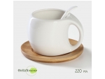 Чайная пара керамическая с ложкой BellaTenero, 3 предмета: чашка 220 мл, ложка, деревянное блюдце, цвет белый #415912