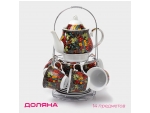Сервиз чайный керамический на металлической подставке Доляна «Хохлома», 13 предметов: 6 чашек 210 мл, 6 блюдец d=14 см, чайник 1 л #425751
